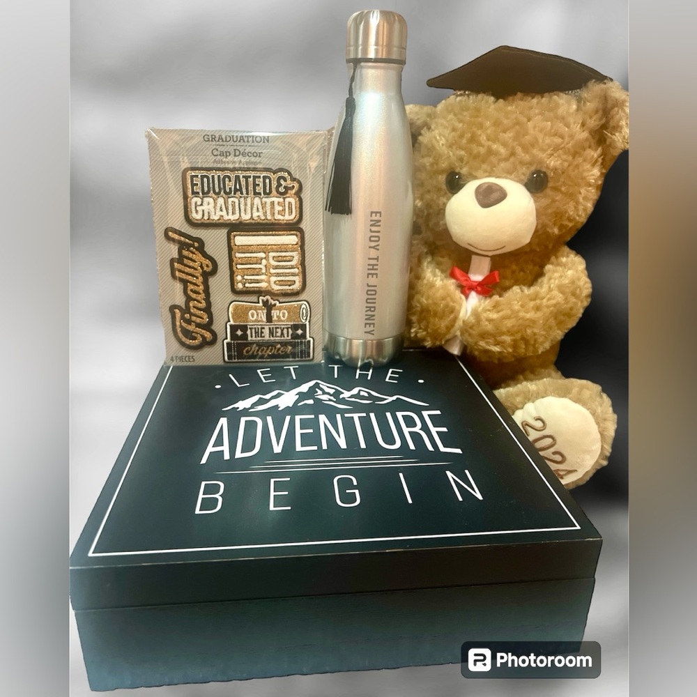 Perfect Graduation Gift: Keepsake Box, Teddy Bear, Water Bottle, Cap Decor